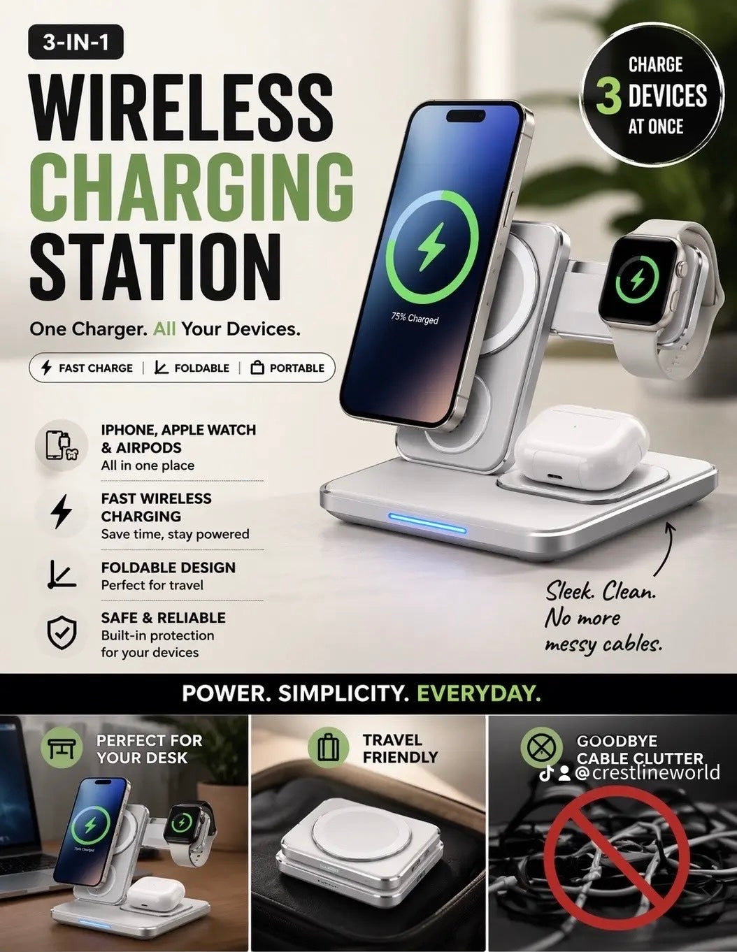 Foldable 3-in-1 Wireless Charging Station