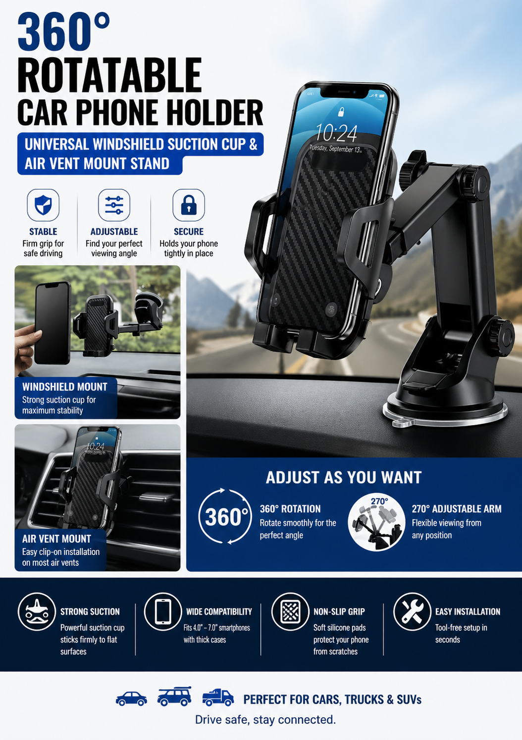 360° Rotatable Car Phone Holder – Windshield & Air Vent Mount