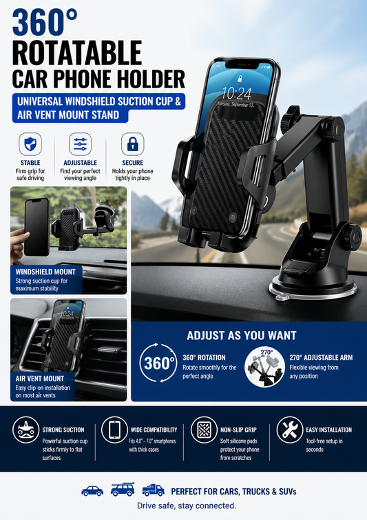 360° Rotatable Car Phone Holder – Windshield & Air Vent Mount