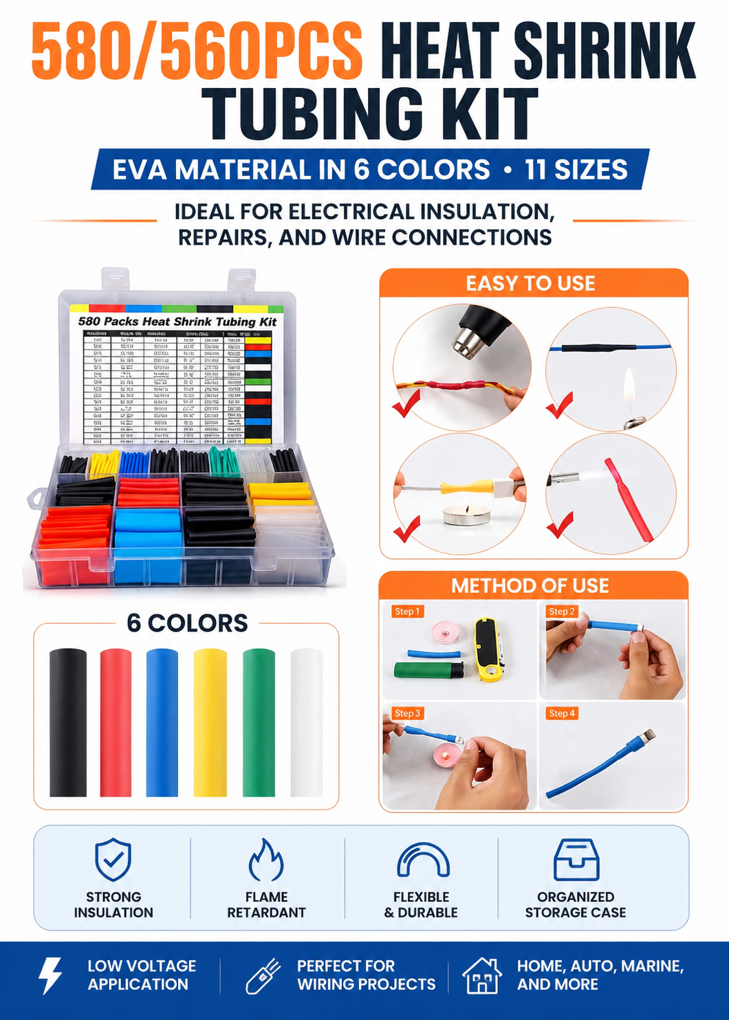 Heat Shrink Tubing Kit – 580pcs, 6 Colors, 11 Sizes