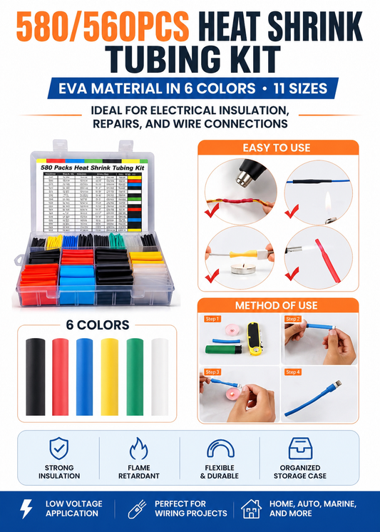 Heat Shrink Tubing Kit – 580pcs, 6 Colors, 11 Sizes