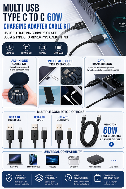Multi USB Charging Adapter Kit – USB-C, Lightning & Micro USB