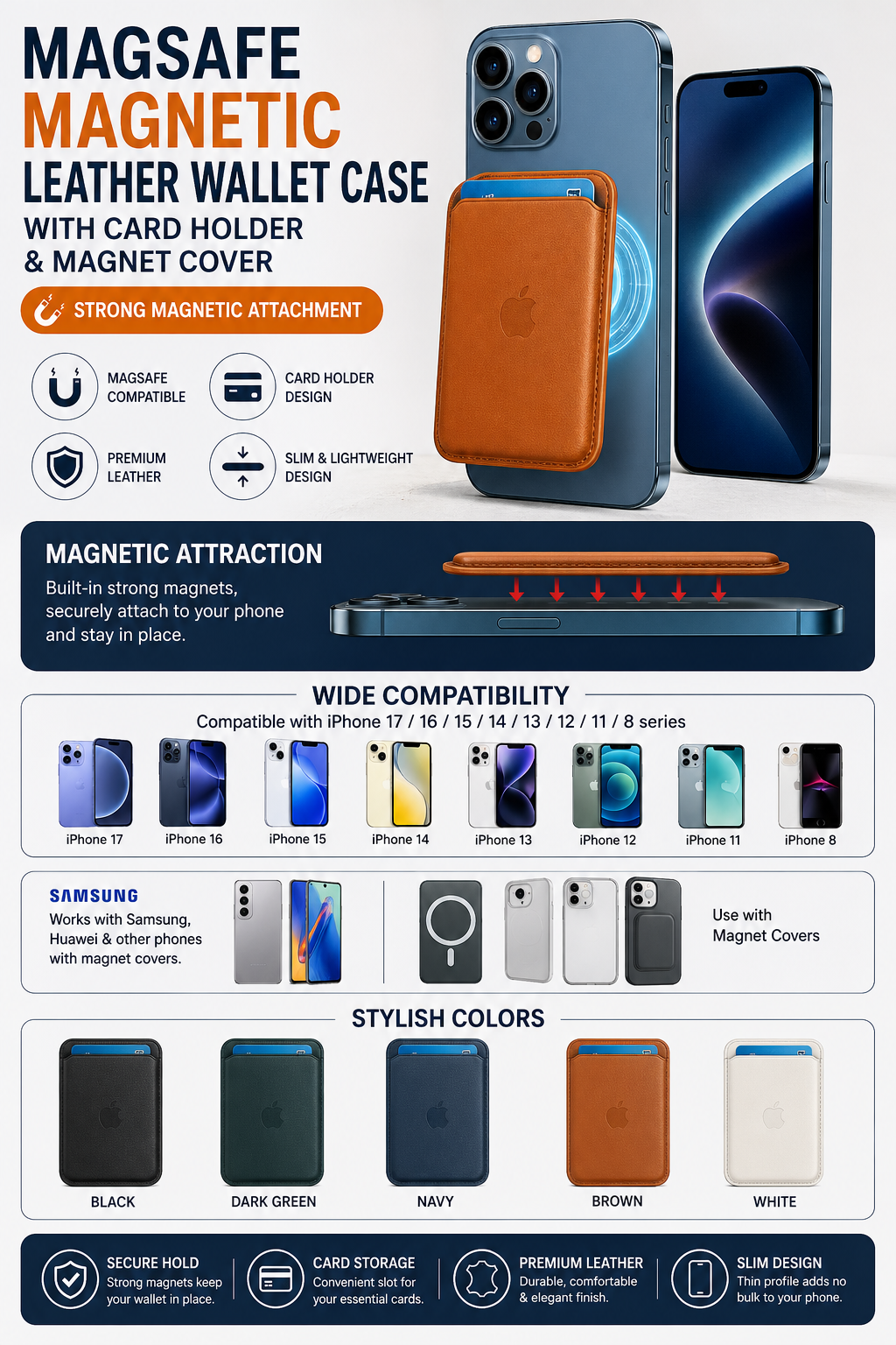 For Magsafe Magnetic Leather Wallet Case For iPhone  17 16 15 14 13 12 11 8  Samsung Huawei Card Holder with Magnet Covers