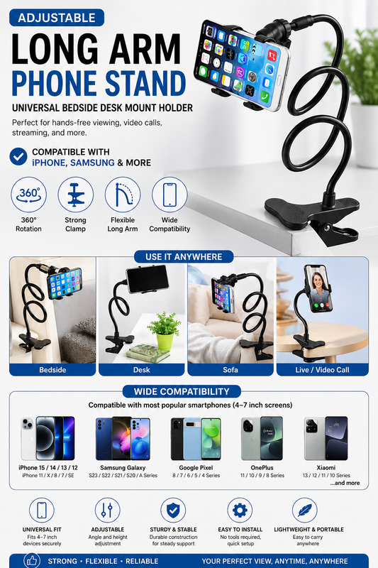 Adjustable Long Arm Phone Stand – Universal Desk & Bedside Mount