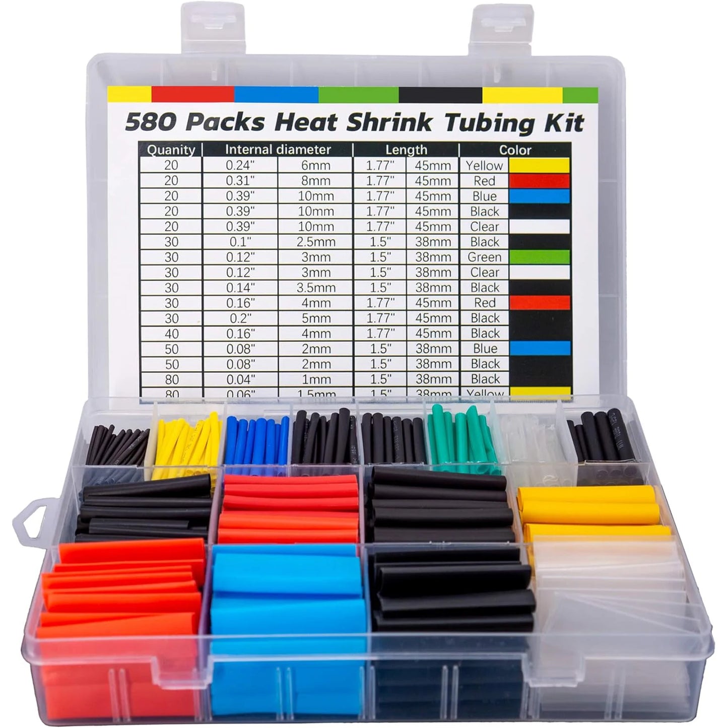 Heat Shrink Tubing Kit – 580pcs, 6 Colors, 11 Sizes